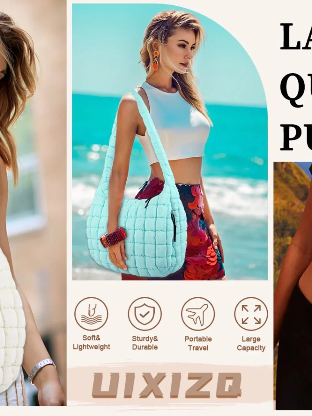 Quilted Puffer Tote Bag Crossbody Shoulder Hobo Nylon Lightweight Large